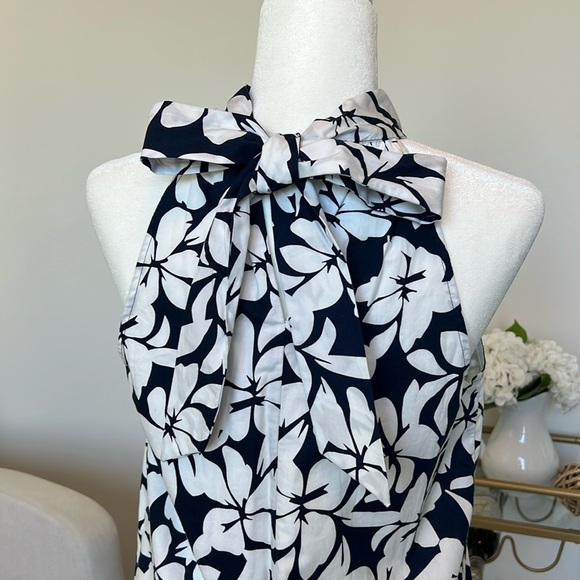 J Crew Bow Neck Halter Cotton Mini Floral Tropical Shift Dress Navy White Size 0 - Picture 16 of 17